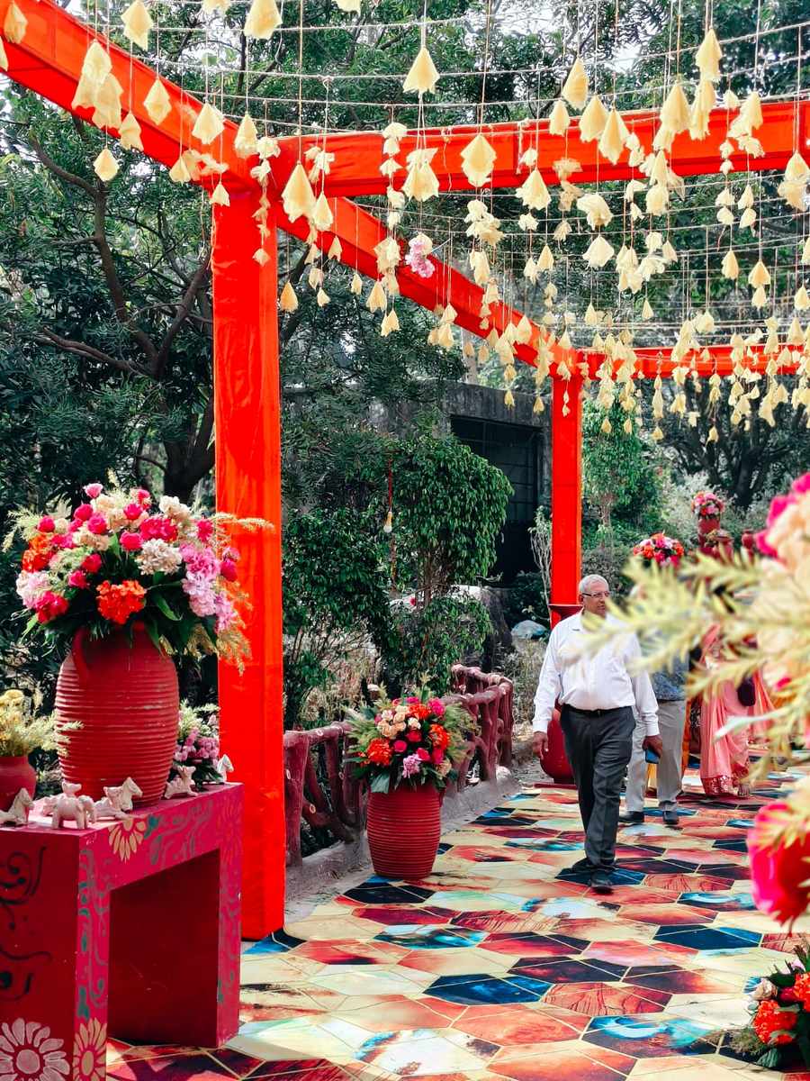 Floral haldi decor with bright marigold details